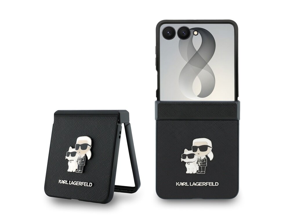 Etui na telefon w kolorze czarnym z grafiką przedstawiającą postać w okularach przeciwsłonecznych i kota. Na etui widnieje napis \'KARL LAGERFELD\'.