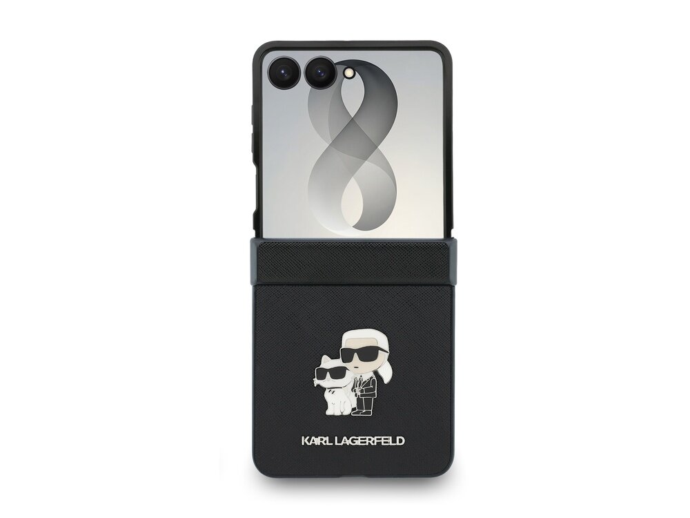 Czarne etui na telefon z grafiką przedstawiającą postacie w okularach przeciwsłonecznych oraz napisem \'KARL LAGERFELD\'.