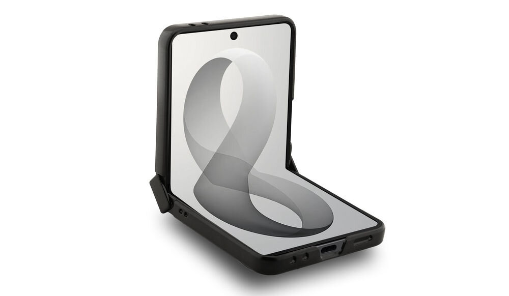 Na obrazie widoczny jest czarny telefon złożony w kształcie litery \'L\', z wyświetlaczem pokazującym szary, trójwymiarowy kształt przypominający wstęgę. Telefon jest umieszczony w czarnym etui, które ma wycięcia na porty i przyciski.