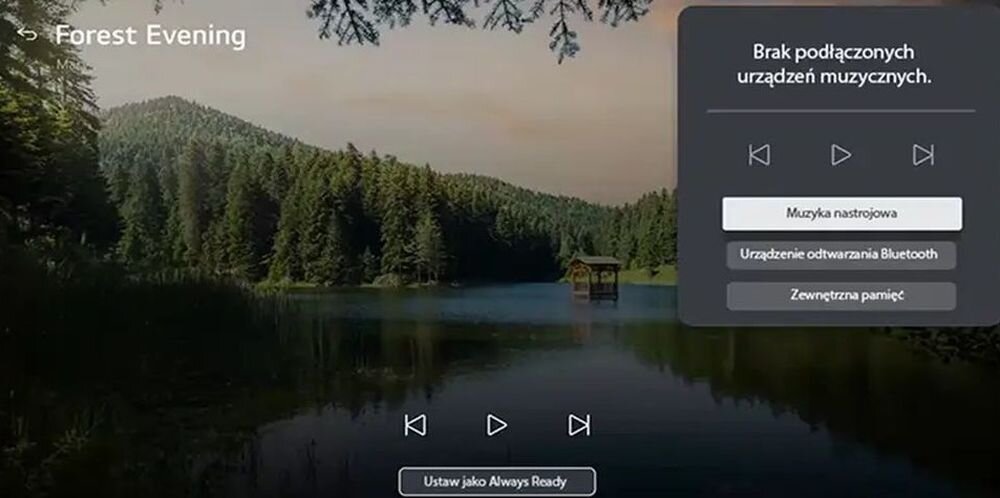 Obraz przedstawia jezioro otoczone lasem z małym domkiem na wodzie. Na ekranie widoczny jest tekst: \'Forest Evening\', \'Brak podłączonych urządzeń muzycznych\', \'Muzyka nastrojowa\', \'Urządzenie odtwarzania Bluetooth\', \'Zewnętrzna pamięć\', oraz przyciski sterowania muzyką.