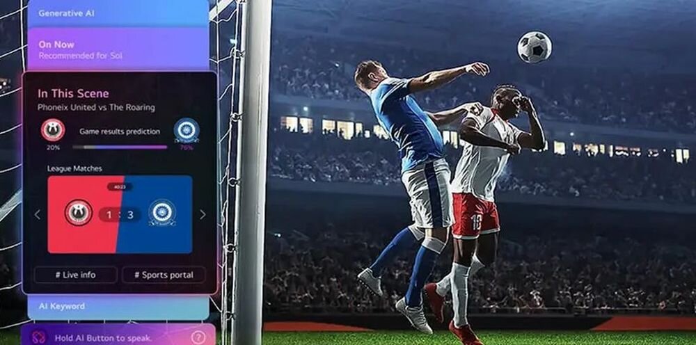 Obraz przedstawia dwóch piłkarzy walczących o piłkę na stadionie. Po lewej stronie ekranu widoczny jest interfejs z tekstem: \'In This Scene\', \'Phoenix United vs The Roaring\', \'Game results prediction\', \'League Matches\', \'Live info\', \'Sports portal\'.