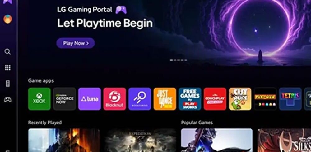 Interfejs LG Gaming Portal z napisem \'Let Playtime Begin\' i przyciskiem \'Play Now\'. Widoczne są ikony aplikacji gier, takie jak Xbox, GeForce Now, Luna, Blacknut, Just Dance i inne.
