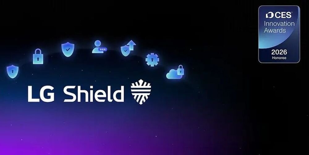 Grafika przedstawia napis \'LG Shield\' z ikonami symbolizującymi bezpieczeństwo oraz odznaczenie \'CES Innovation Awards 2026 Honoree\'. Tło jest ciemne z gradientem fioletu.