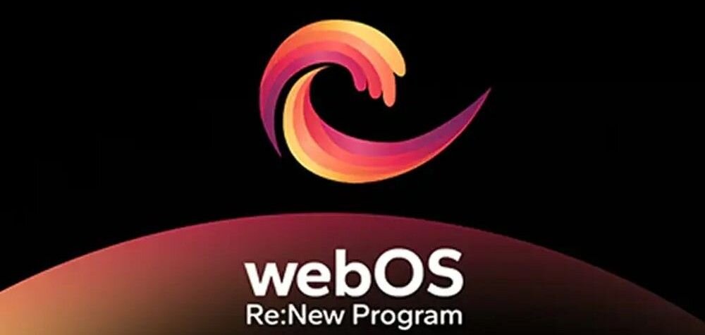 Na czarnym tle widoczne jest kolorowe logo w kształcie wiru oraz tekst \'webOS Re:New Program\'.
