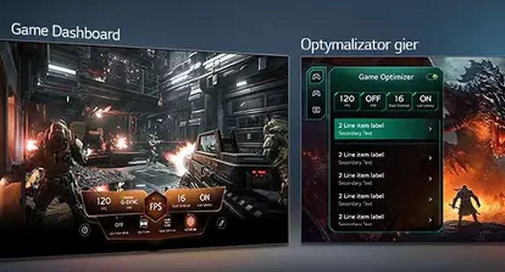 Obraz przedstawia dwa ekrany z interfejsami gier. Na lewym ekranie widoczny jest \'Game Dashboard\' z parametrami gry, a na prawym \'Optymalizator gier\' z ustawieniami i etykietami tekstowymi.