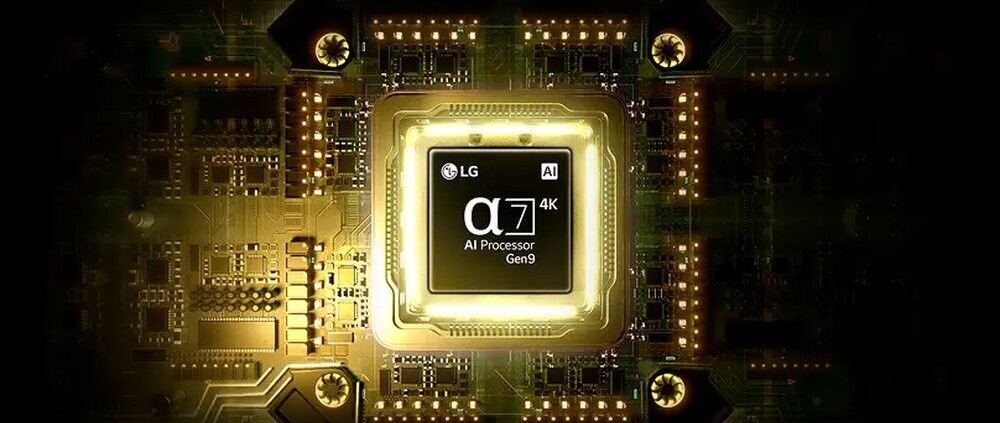 Obraz przedstawia procesor z oznaczeniami LG, AI, α7 4K, AI Processor Gen9, otoczony złotymi elementami przypominającymi układ scalony.
