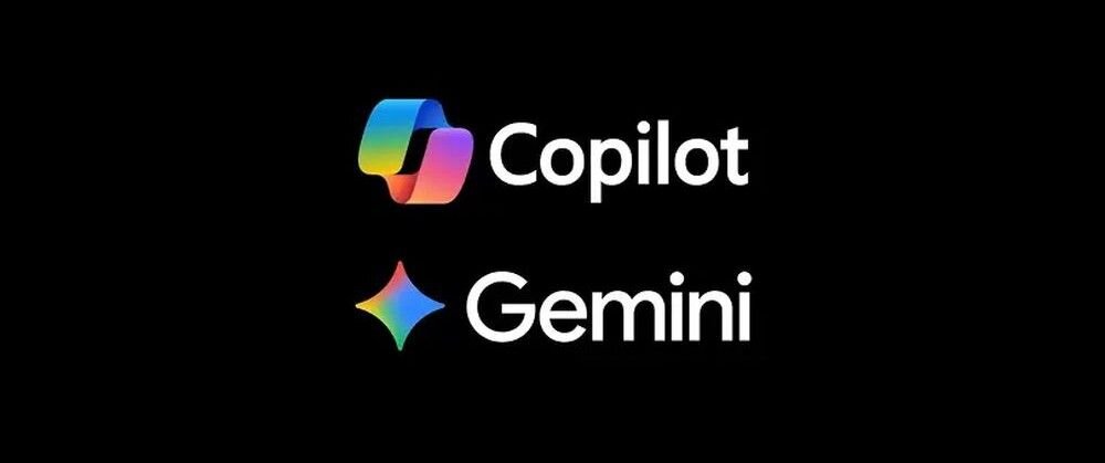 Na czarnym tle widoczne są kolorowe logo oraz napisy \'Copilot\' i \'Gemini\'.