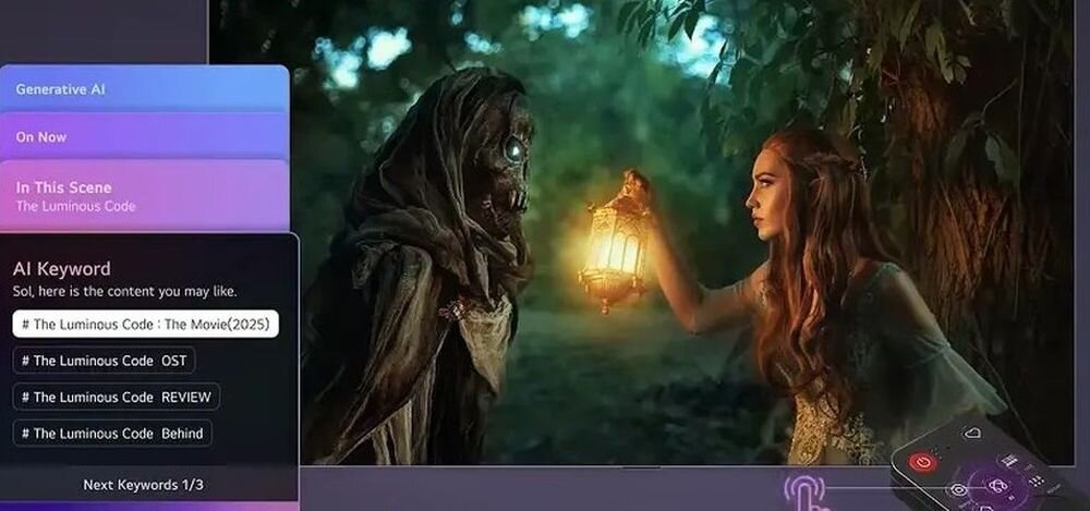 Na ekranie widoczna jest scena z filmu, gdzie postać w kapturze stoi naprzeciw kobiety trzymającej lampion. Po lewej stronie ekranu znajduje się menu z tekstem: \'Generative AI\', \'On Now\', \'In This Scene\', \'The Luminous Code\', oraz lista słów kluczowych związanych z filmem.