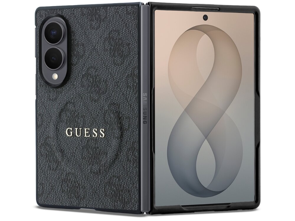 Etui GUESS 4G Classic MagSafe do Samsung Galaxy Z Fold 8 w kolorze czarnym z widocznym logo GUESS. Etui ma teksturę z wzorem i otwory na aparat oraz ekran telefonu.