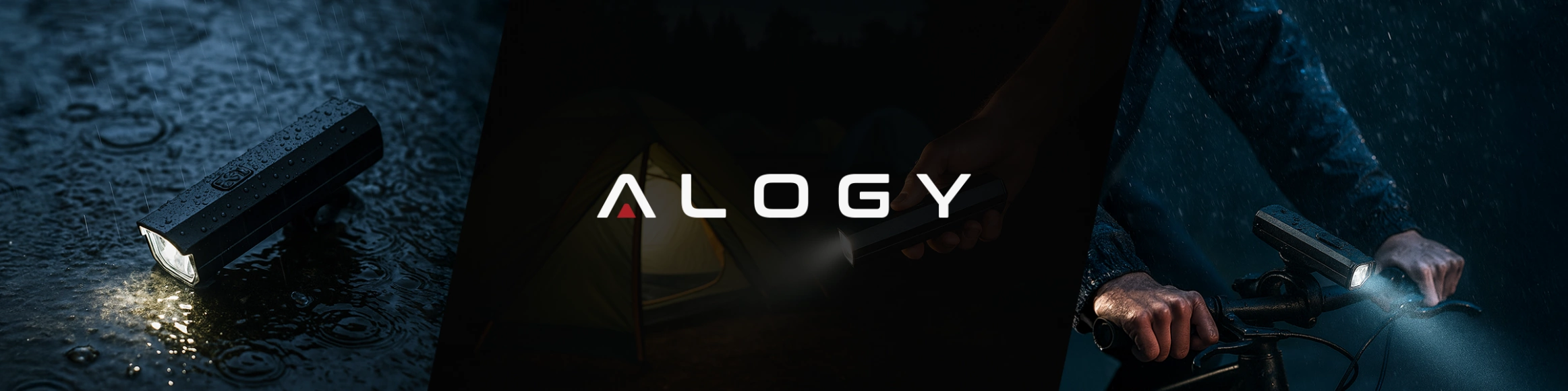 Obraz przedstawia trzy sceny z lampką rowerową Alogy. W centralnej części widnieje logo \'ALOGY\'.