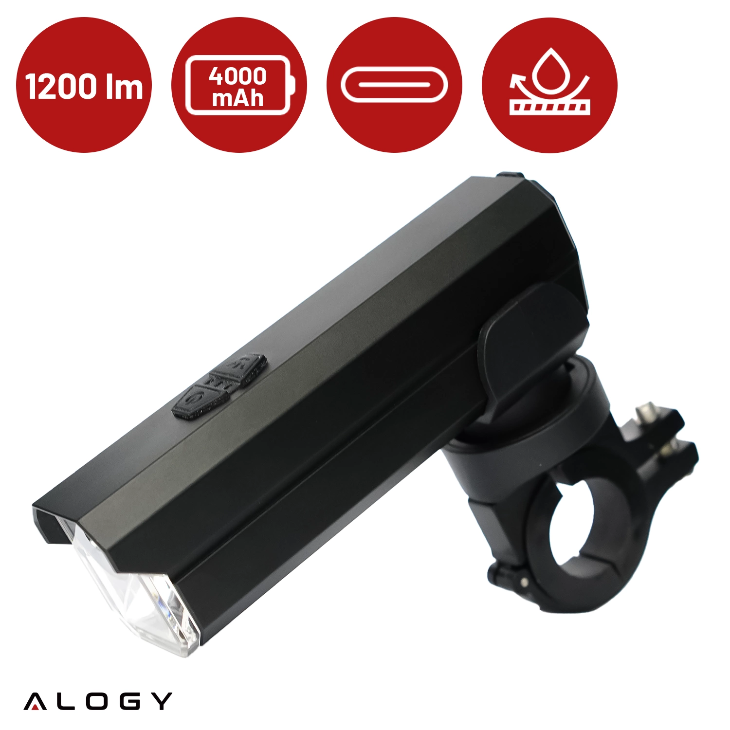 Czarna lampka rowerowa z mocowaniem, posiada przycisk na górze. W tle widoczne są ikony z napisami: \'1200 lm\', \'4000 mAh\', symbol prostokąta i kropli nad powierzchnią, oraz logo \'ALOGY\'.