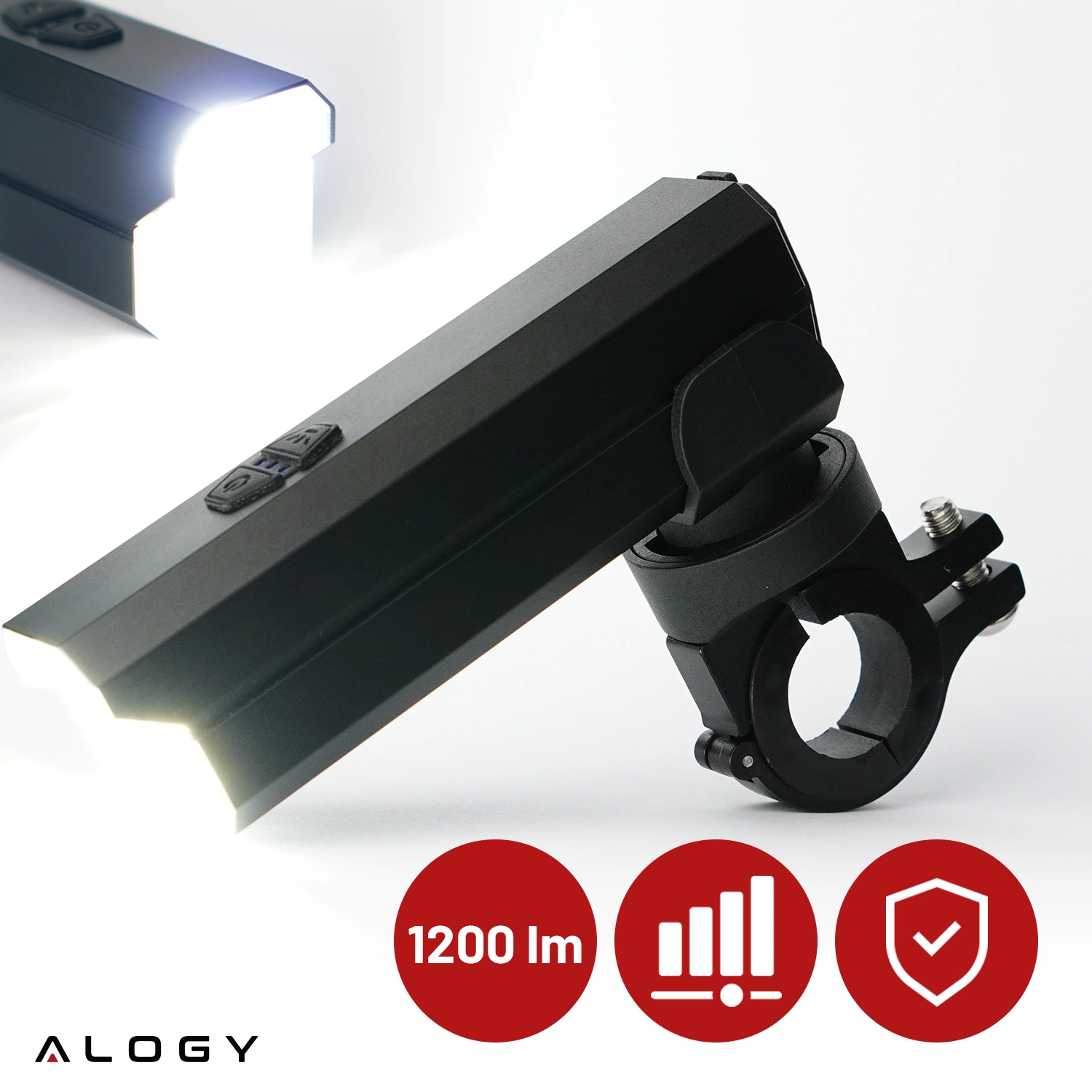 Czarna lampka rowerowa z mocnym światłem LED, zamontowana na uchwycie. Na dole widoczne są trzy czerwone ikony z tekstem \'1200 lm\' oraz logo \'ALOGY\'.