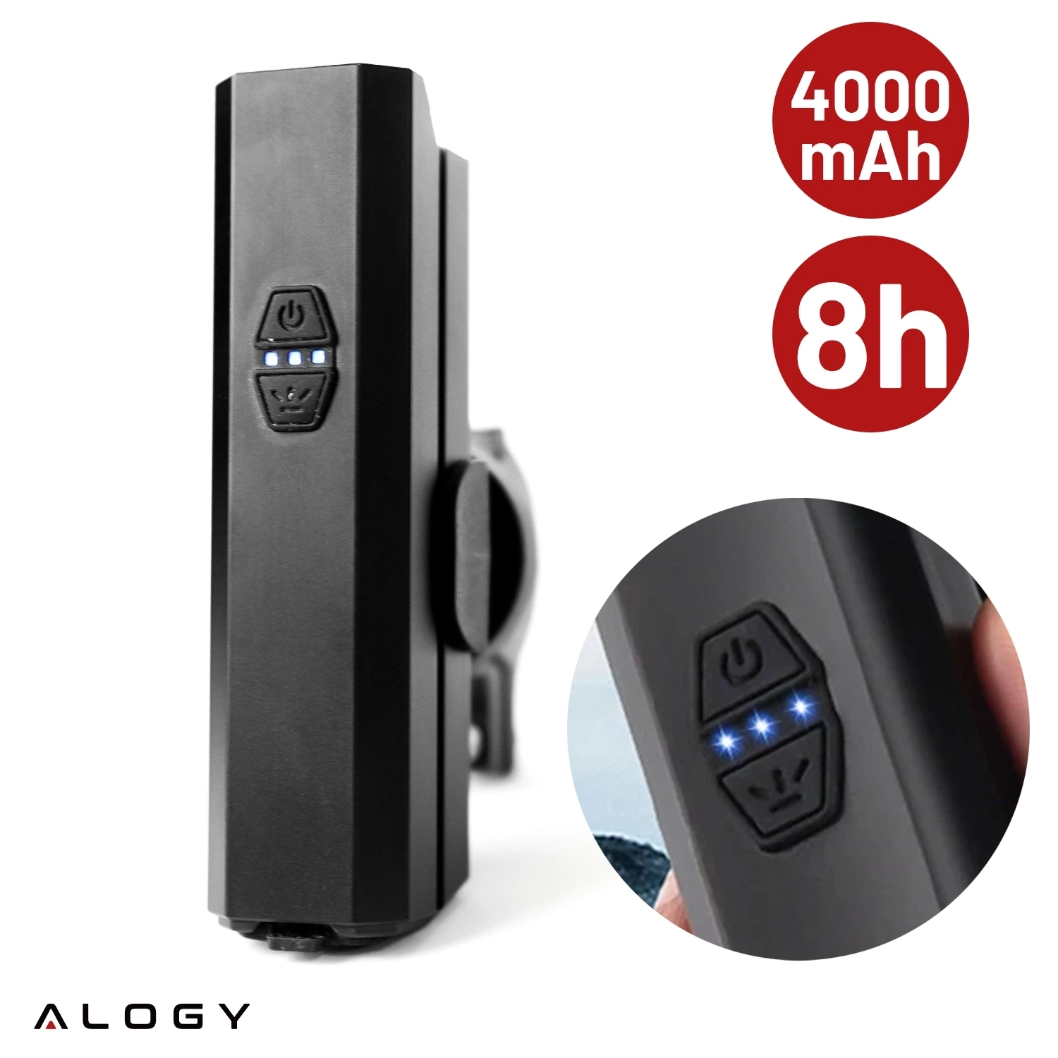 Czarna lampka rowerowa z logo Alogy, posiada przycisk z trzema niebieskimi diodami LED. Obok widoczne są napisy \'4000 mAh\' i \'8h\' na czerwonym tle.