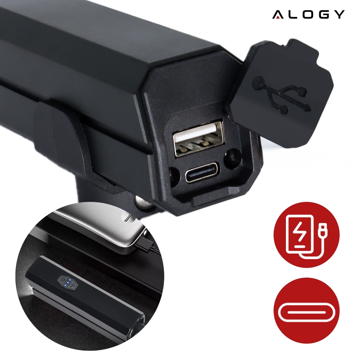 Czarna lampka rowerowa z widocznymi portami USB i USB-C oraz logo \'ALOGY\'. Obok znajdują się dwa czerwone symbole: jeden przedstawia kabel zasilający, drugi owalny kształt.