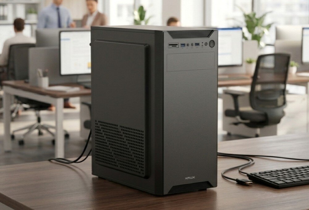 Komputer XQUANTUM XQI5R16S512GB-XI24WH Komputer stacjonarny w czarnej obudowie typu tower stoi na drewnianym biurku. Przed nim widać klawiaturę i kable. W tle rozmyte, jasne pomieszczenie biurowe, opis