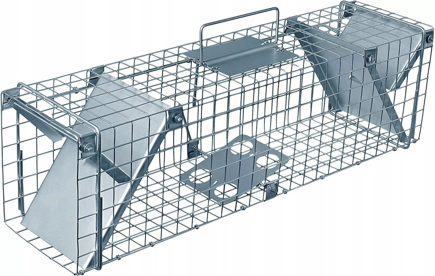 Metalowa pułapka na dzikie zwierzęta o konstrukcji z siatki, z uchwytem na górze i mechanizmem zamykającym na obu końcach. Wymiary pułapki to 82x26x26 cm.