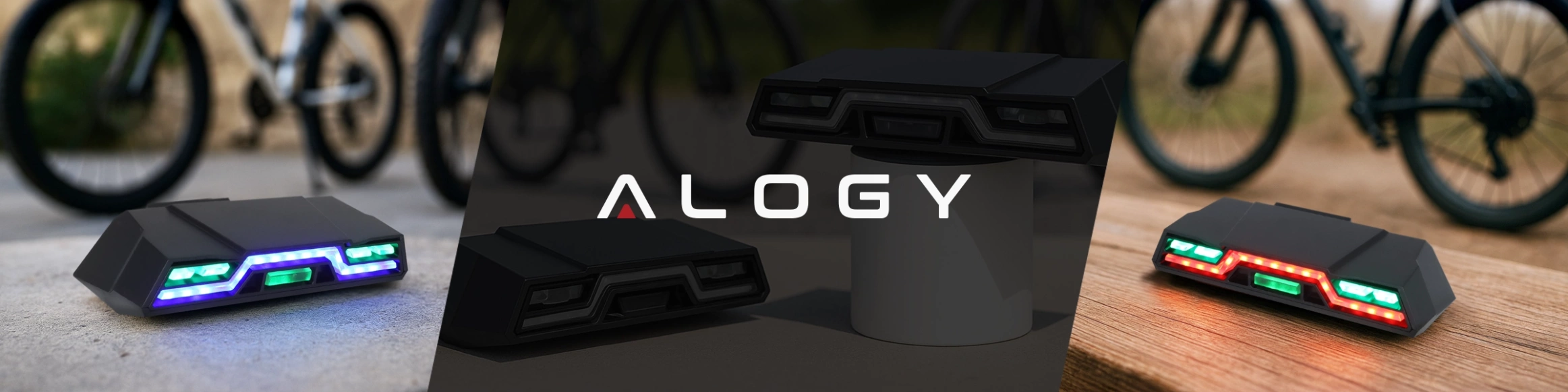 Obraz przedstawia trzy ujęcia lampki rowerowej z kolorowym oświetleniem LED. Na środku widoczne jest logo \'ALOGY\'.