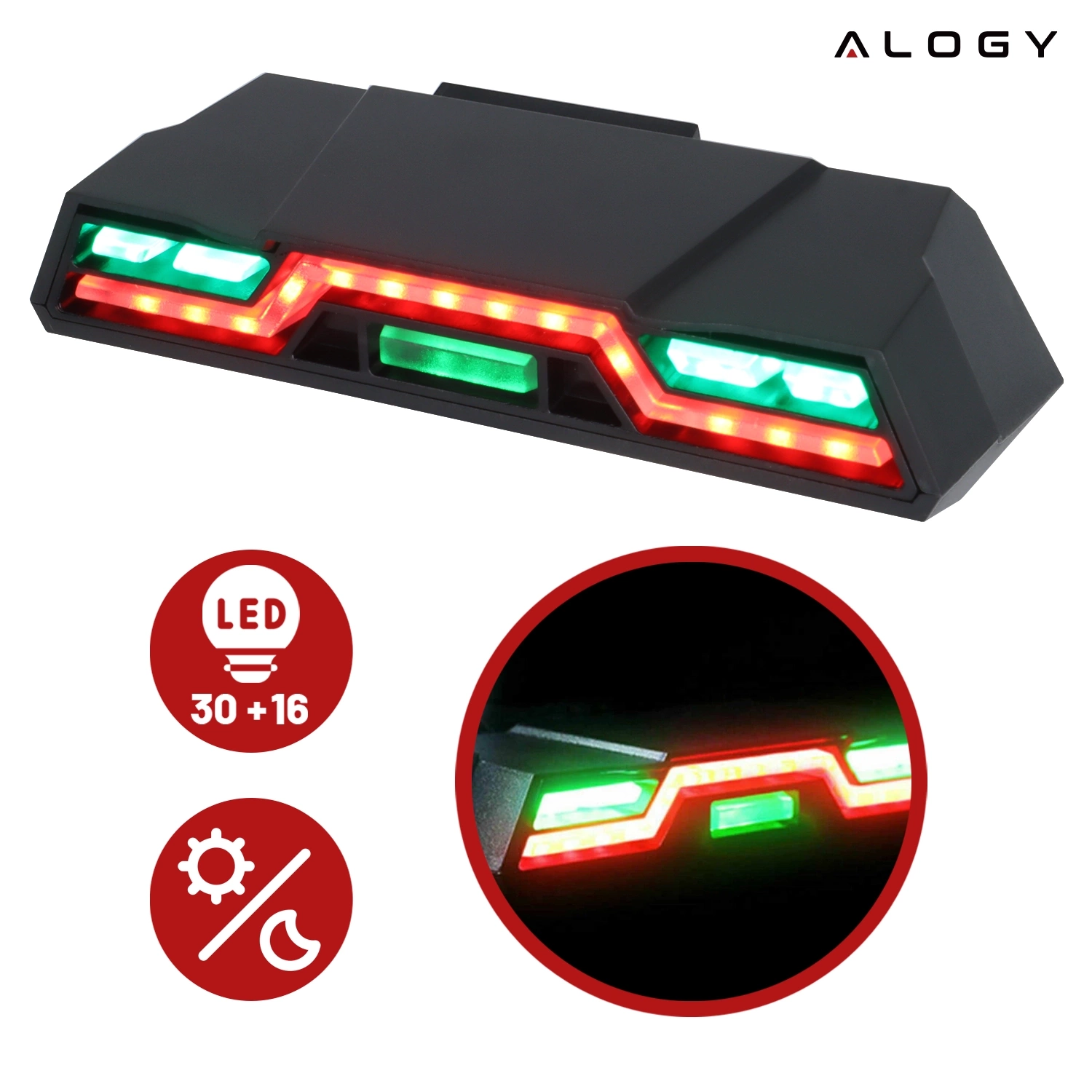Czarna lampka rowerowa z czerwonymi i zielonymi diodami LED, z logo \'ALOGY\' w rogu. Obok znajdują się ikony z napisami \'LED 30 + 16\' oraz symbolami trybów pracy.