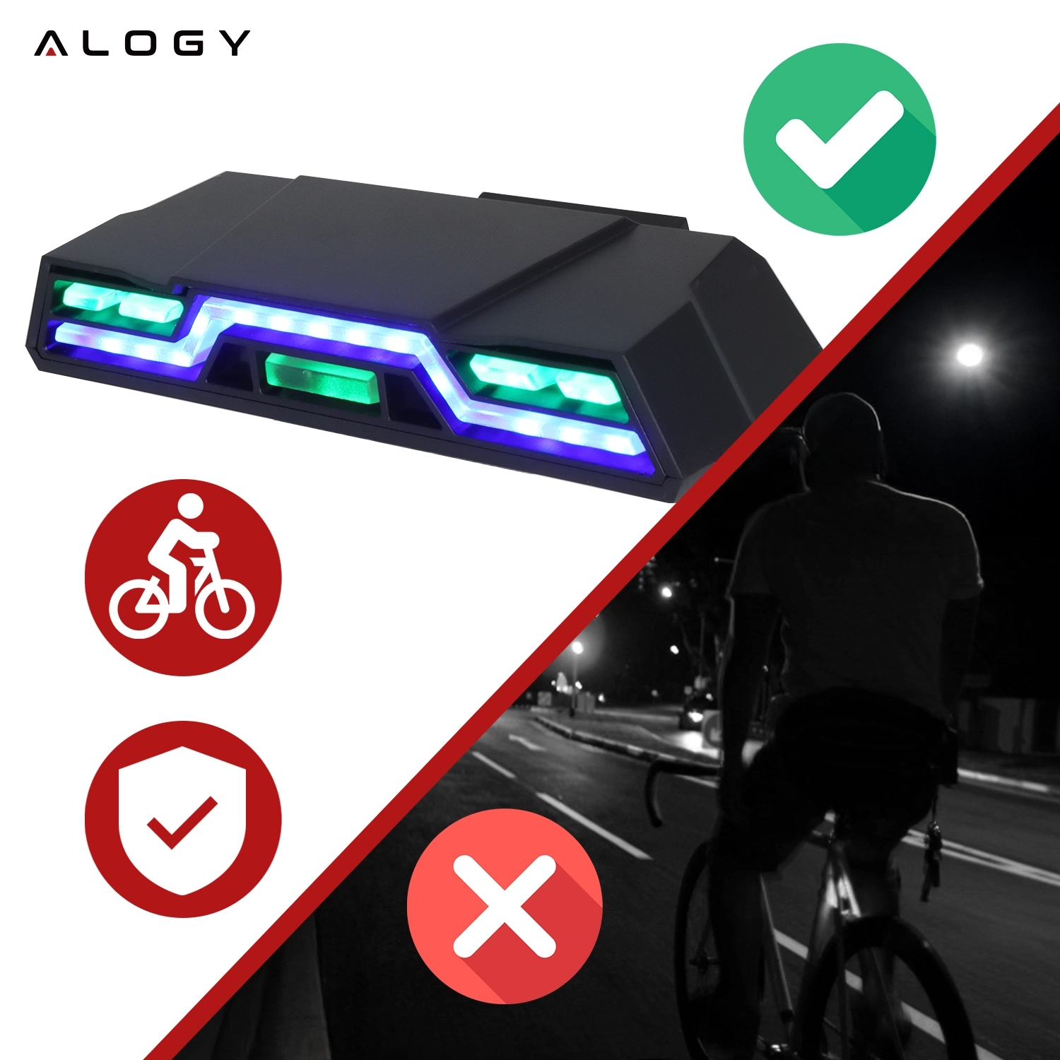 Obraz przedstawia czarną lampkę rowerową z niebieskimi i zielonymi światłami LED oraz logo \'ALOGY\'. Po lewej stronie znajdują się ikony roweru i tarczy z haczykiem, a po prawej stronie zdjęcie rowerzysty nocą z czerwonym symbolem X.