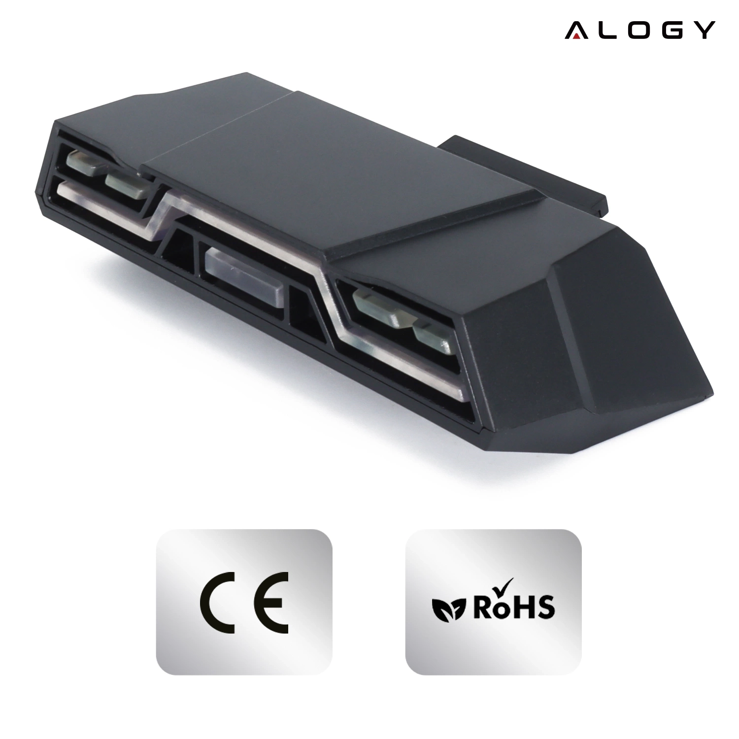 Czarna lampka rowerowa o nowoczesnym kształcie z widocznymi elementami LED. Na dole znajdują się symbole certyfikatów CE i RoHS oraz logo Alogy.