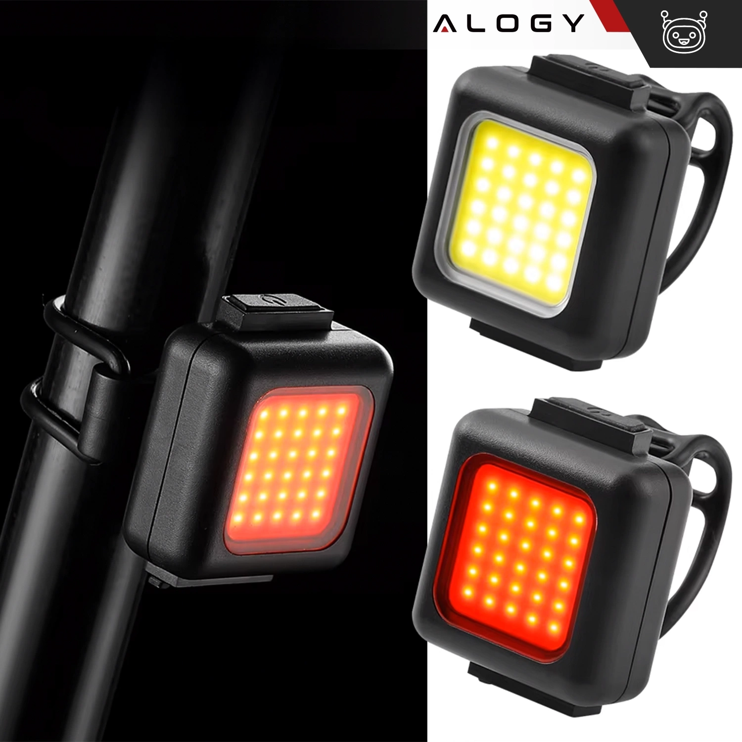 Zestaw dwóch lampek rowerowych z diodami LED, jedna świeci na czerwono, a druga na żółto. Logo \'ALOGY\' widoczne w górnym rogu obrazu.