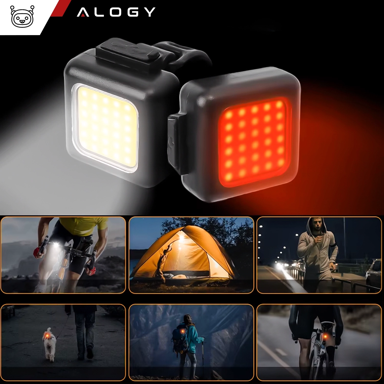 Obraz przedstawia zestaw dwóch lampek rowerowych z jasnym i czerwonym światłem, z logo \'ALOGY\' w górnym rogu. Poniżej znajdują się zdjęcia przedstawiające różne zastosowania lampek, takie jak jazda na rowerze, oświetlenie namiotu i bieganie nocą.