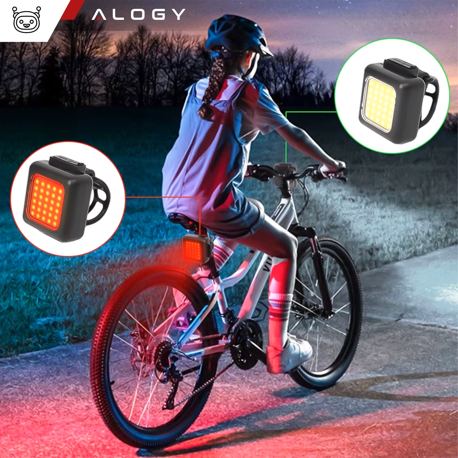 Osoba na rowerze z zamontowanymi lampkami rowerowymi, które emitują czerwone i białe światło. Logo \'ALOGY\' widoczne w górnej części obrazu.