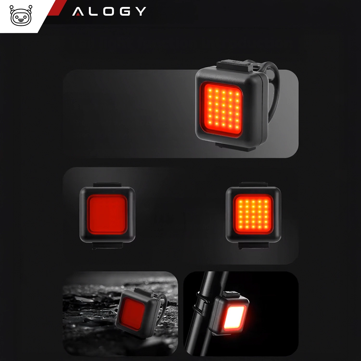 Obraz przedstawia zestaw dwóch lampek rowerowych z czerwonym światłem LED, zamontowanych na rowerze. W górnej części widoczne jest logo \'ALOGY\'.