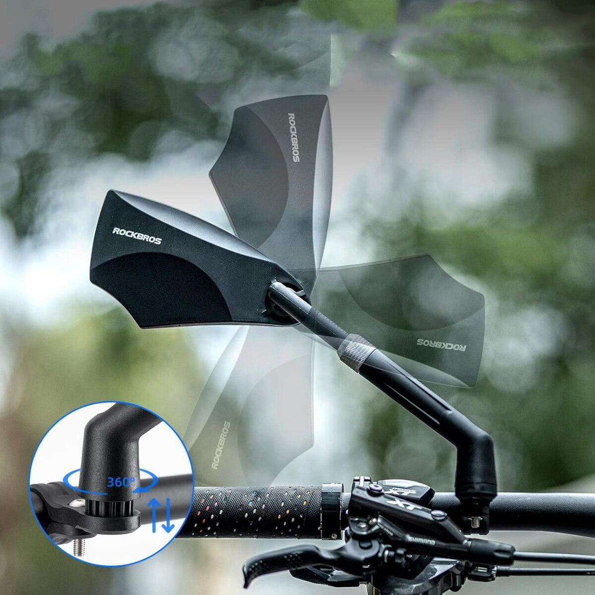 Lusterko rowerowe RockBros zamontowane na kierownicy roweru, z możliwością regulacji w różnych kierunkach. Widoczny jest również schematyczny rysunek pokazujący obrót o 360 stopni.