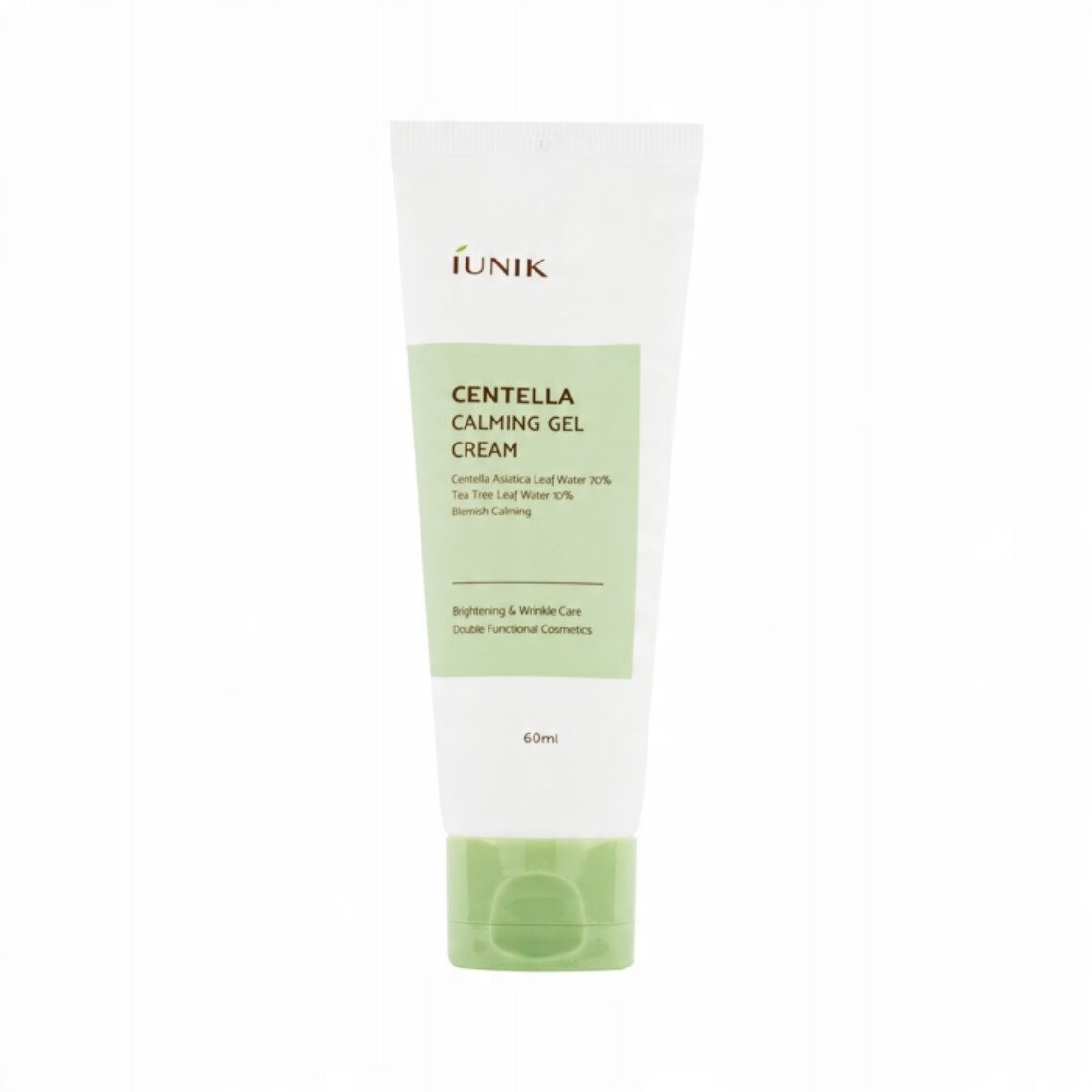 Biała tubka z zielonymi elementami, na której widnieje napis: \'IUNIK CENTELLA CALMING GEL CREAM Centella Asiatica Leaf Water 70%, Tea Tree Leaf Water 10%, Blemish Calming, Brightening & Wrinkle Care, Double Functional Cosmetics, 60ml\'.