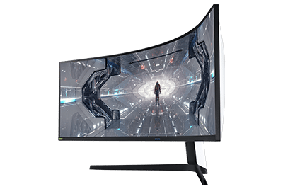 php446bdv pakszot Monitor o zakrzywionym ekranie wyświetla futurystyczną grafikę z postacią w tunelu. Obudowa jest czarna z białym tyłem i logo na dolnej ramce.