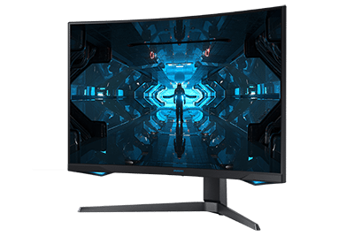 php4U5t83 odyssey g7 Monitor z zakrzywionym ekranem wyświetla futurystyczną grafikę z postacią w centrum. Na dolnej ramce widoczne jest logo \'SAMSUNG\'.