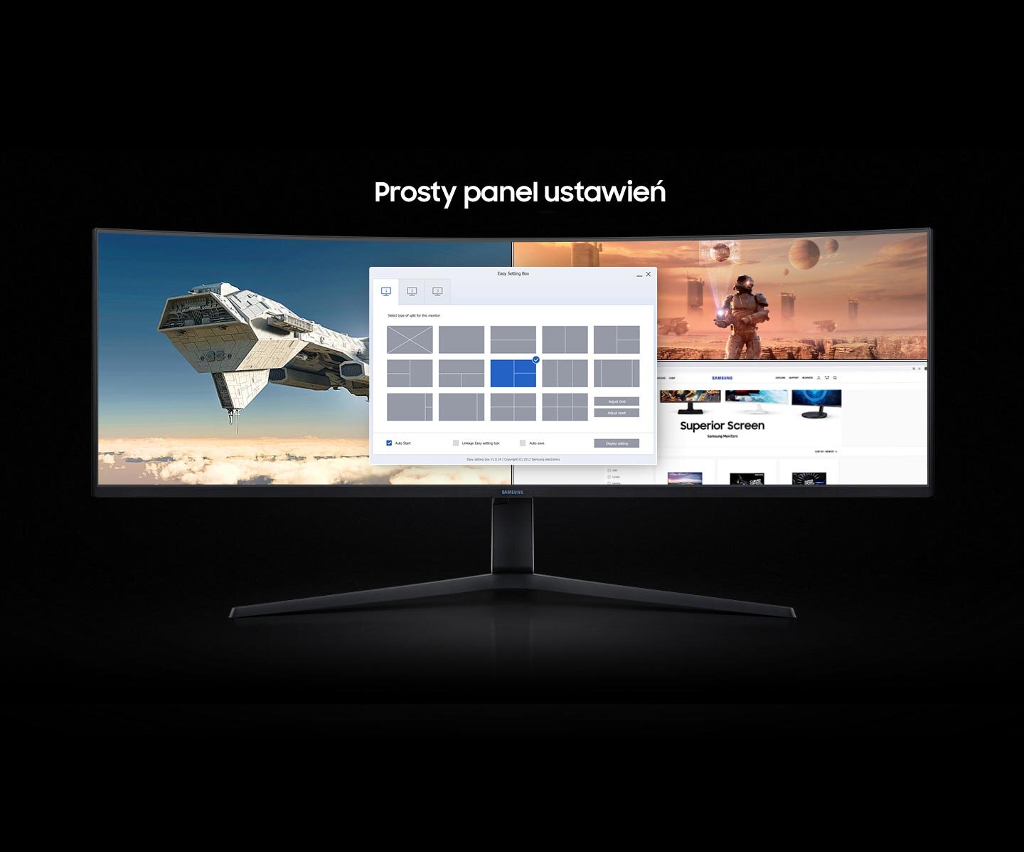php7Vspud panelustawien Monitor z zakrzywionym ekranem wyświetla obraz z gry kosmicznej oraz stronę internetową. Na ekranie widoczny jest panel ustawień z napisem \'Prosty panel ustawień\'.