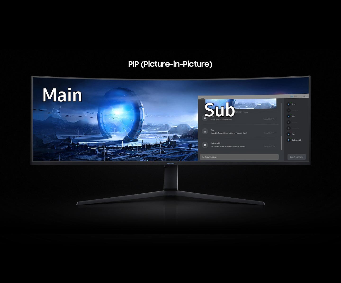 phpBEt5v0 PIP Monitor z funkcją PIP (Picture-in-Picture) wyświetla obraz z gry z napisem \'Main\' oraz okno czatu z napisem \'Sub\'.