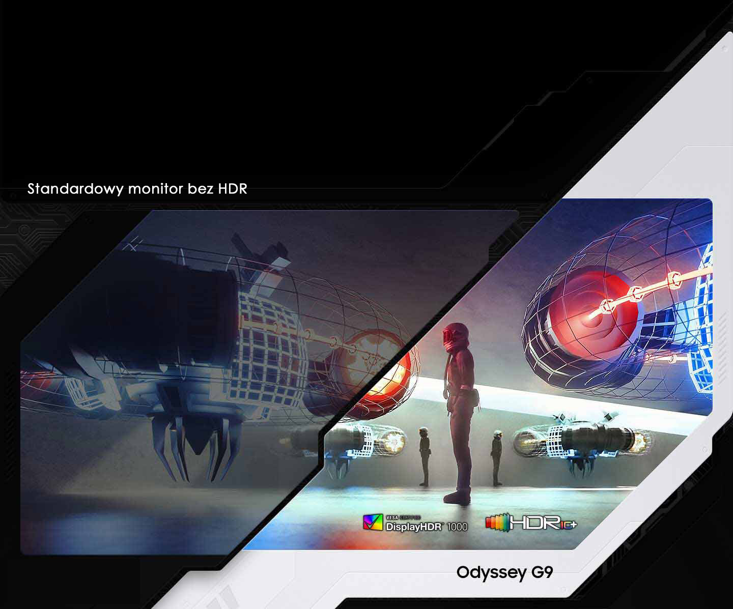 phpBmFwrX phpNE3d00 hdr Obraz przedstawia porównanie dwóch monitorów, z lewej strony standardowy monitor bez HDR, a z prawej monitor z HDR, z widocznymi różnicami w jakości obrazu. Na dole znajduje się tekst \'Odyssey G9\' oraz logo \'DisplayHDR 1000\' i \'HDR\'.