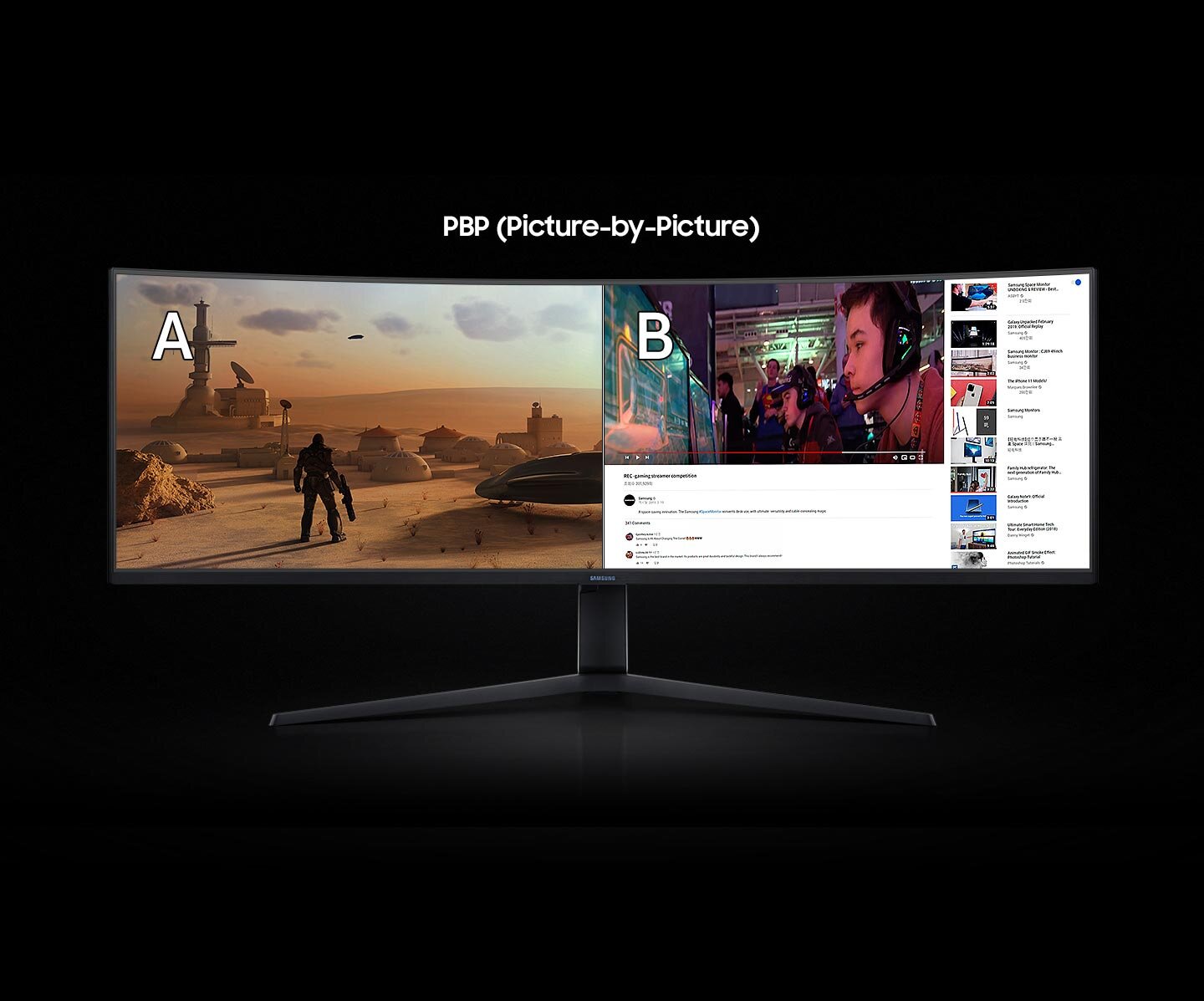 phpBOTicL PBP Monitor wyświetla dwa obrazy obok siebie w trybie Picture-by-Picture. Na ekranie A widać grę w scenerii pustynnej, a na ekranie B transmisję z gry z widocznym interfejsem wideo.
