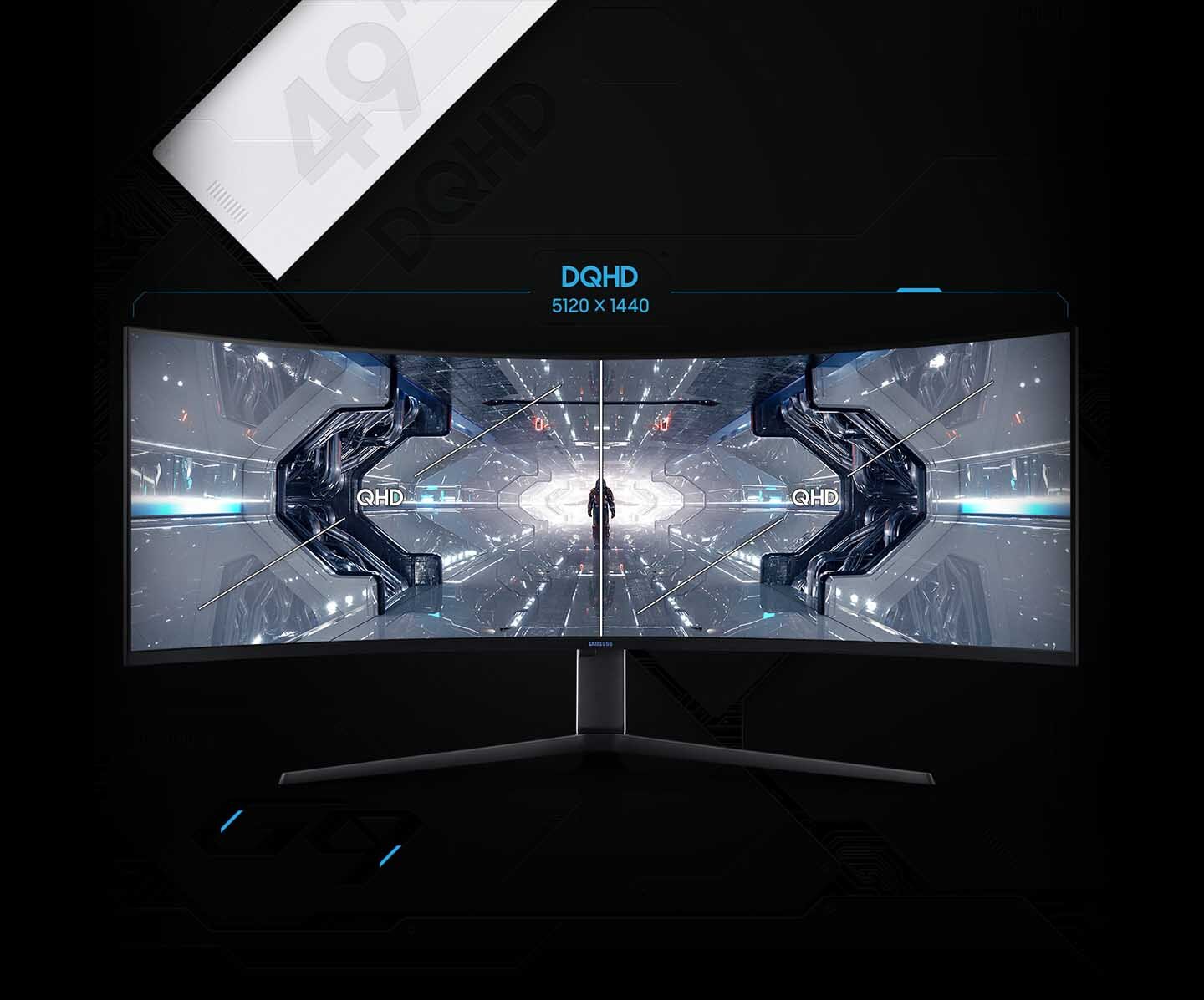 phpZkxkgD rozdzielczosc3 Monitor o zakrzywionym ekranie wyświetla futurystyczną grafikę z napisem \'DQHD 5120 x 1440\'.