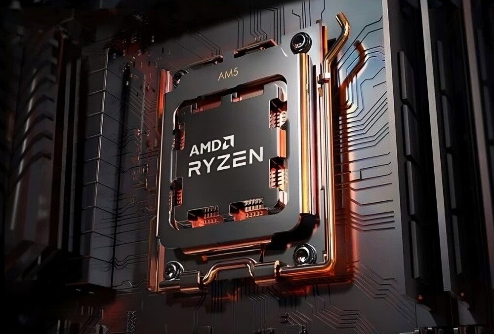 Komputer MAD DOG AURORAX-A01WR32WH Grafika ze zbliżeniem na procesor zamontowany w gnieździe płyty głównej, na procesorze nazwa modelu AMD Ryzen, procesor, rdzenie, moc obliczeniowa