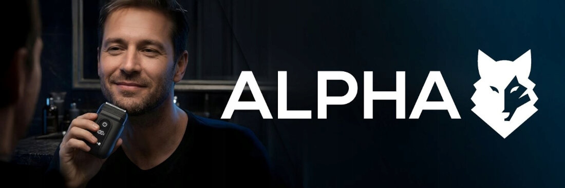Mężczyzna używa golarki, obok widoczne jest logo ALPHA z symbolem wilka.