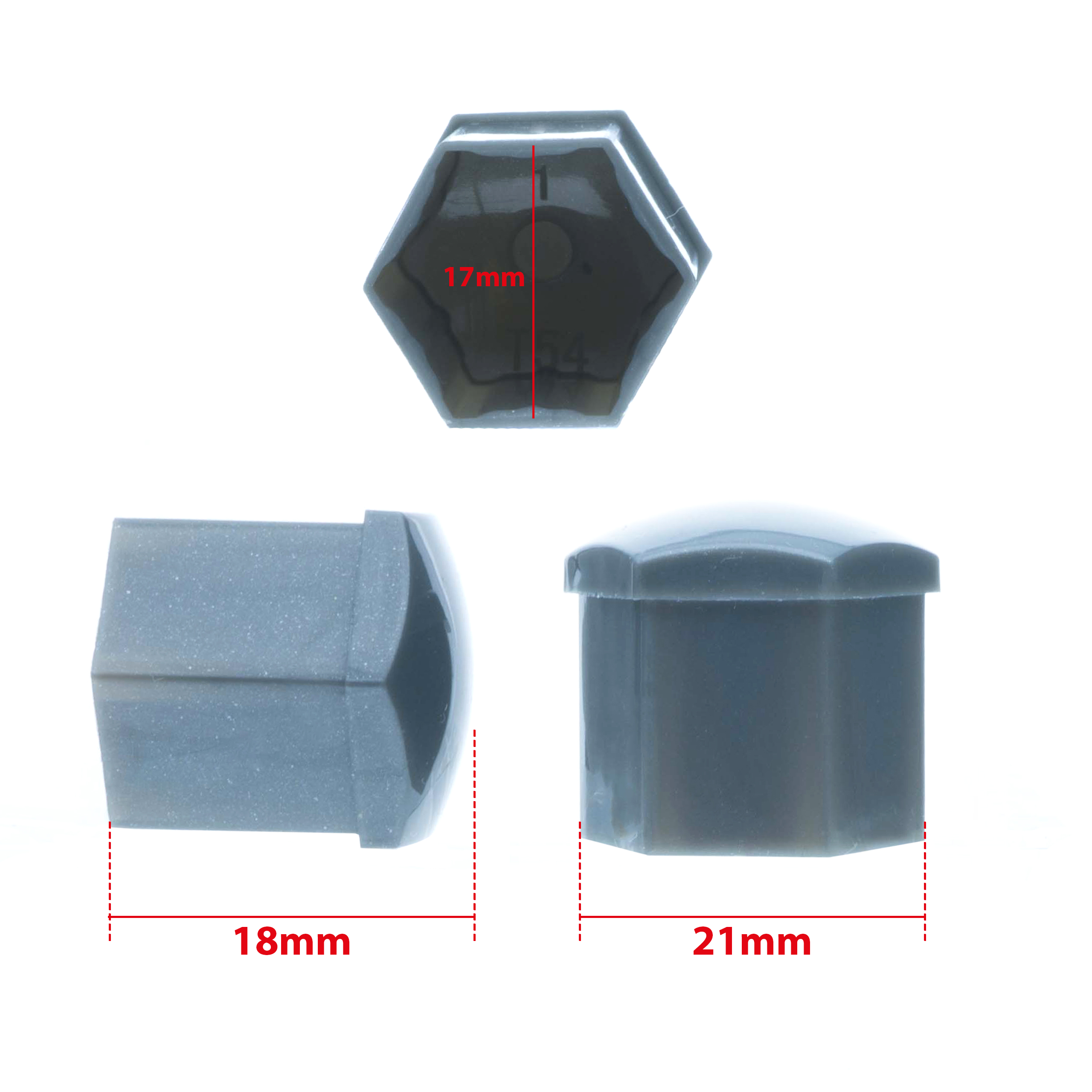 Obraz przedstawia szare nakładki na śruby o sześciokątnym kształcie, z wymiarami 17 mm, 18 mm i 21 mm zaznaczonymi na zdjęciu.
