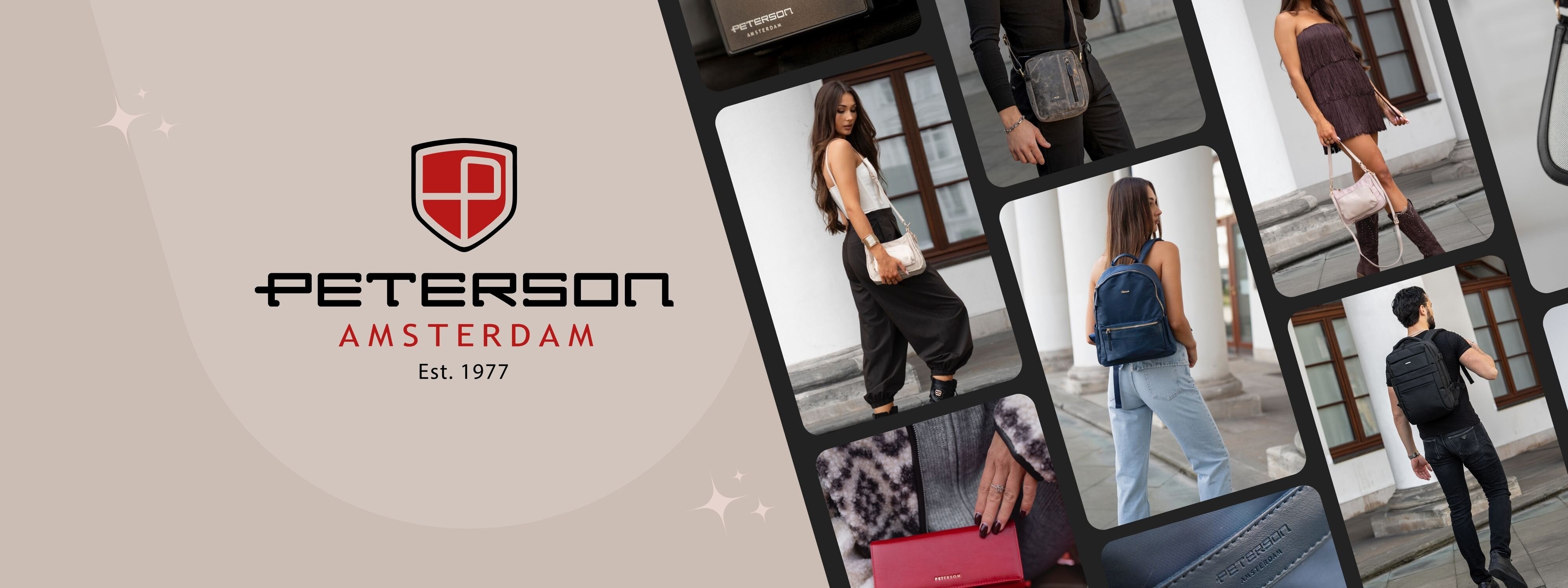 Obraz przedstawia kolaż zdjęć z osobami prezentującymi różne torby i plecaki. Widoczne jest logo \'PETERSON AMSTERDAM Est. 1977\'.