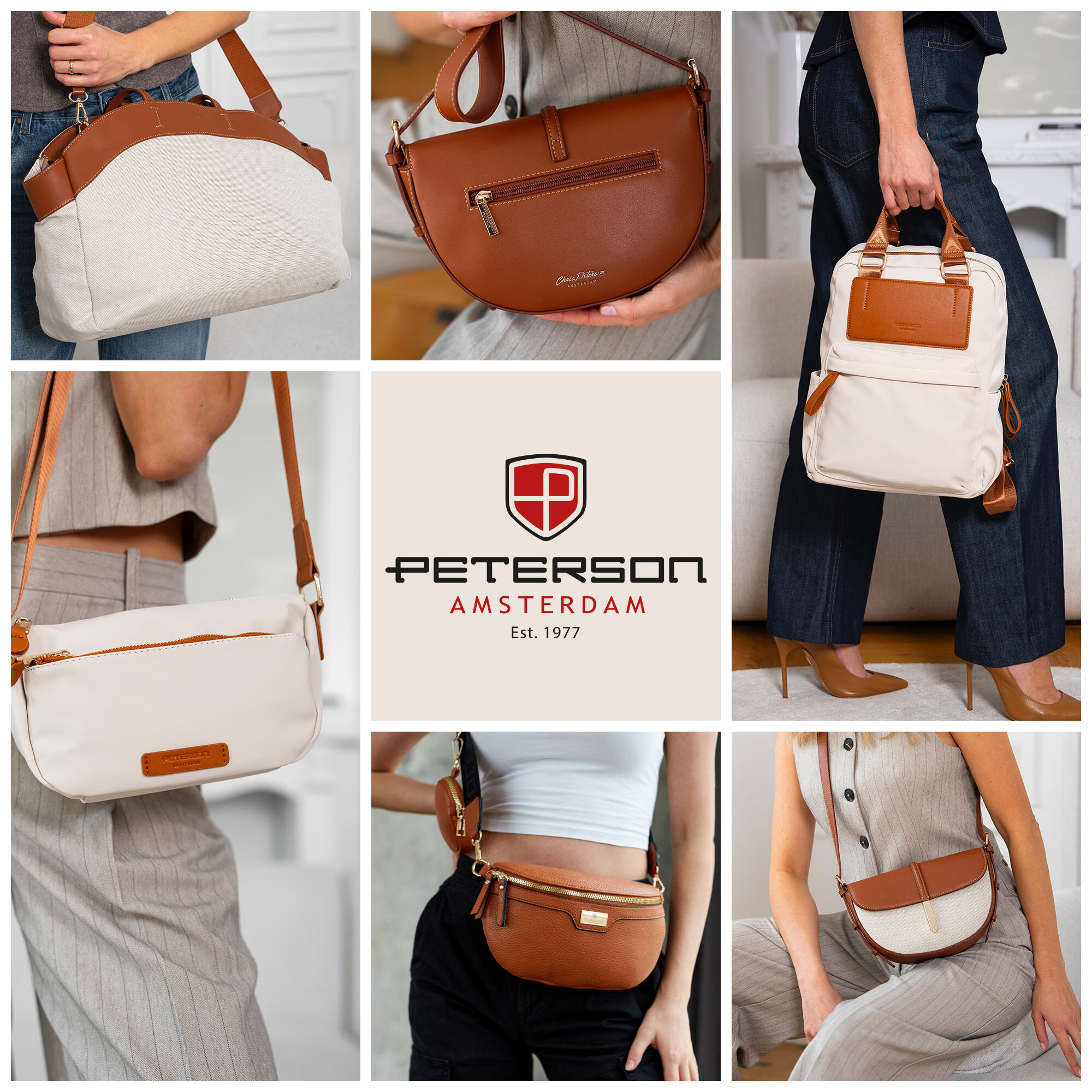 Kolaż przedstawia różne modele torebek i plecaków w odcieniach brązu i beżu, z logo \'PETERSON AMSTERDAM Est. 1977\' na środku. Produkty są prezentowane przez osoby, które trzymają je w rękach lub noszą na ramieniu.