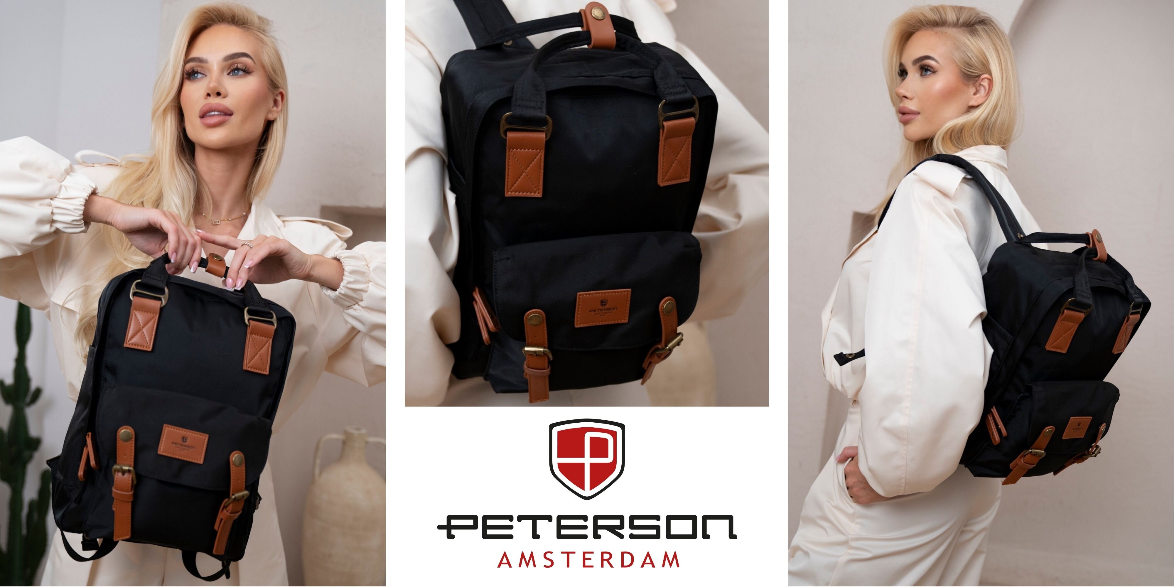 Na obrazie widoczny jest czarno-brązowy plecak z elementami skórzanymi, prezentowany przez osobę w jasnym ubraniu. Na środku znajduje się logo \'PETERSON AMSTERDAM\'.