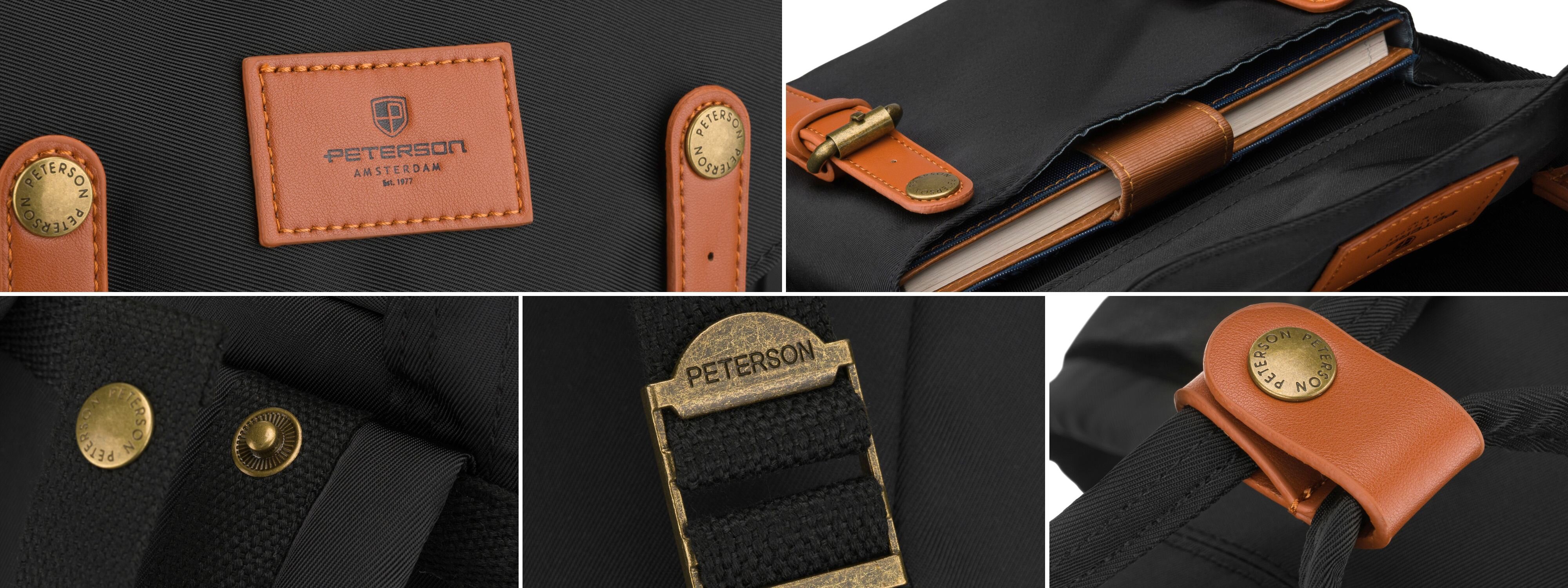 Obraz przedstawia czarno-brązowy plecak z detalami w kolorze mosiądzu, z widocznym logo \'PETERSON AMSTERDAM\' na skórzanej naszywce. Plecak ma elementy z brązowej skóry, takie jak paski i zapięcia, oraz metalowe klamry z napisem \'PETERSON\'.