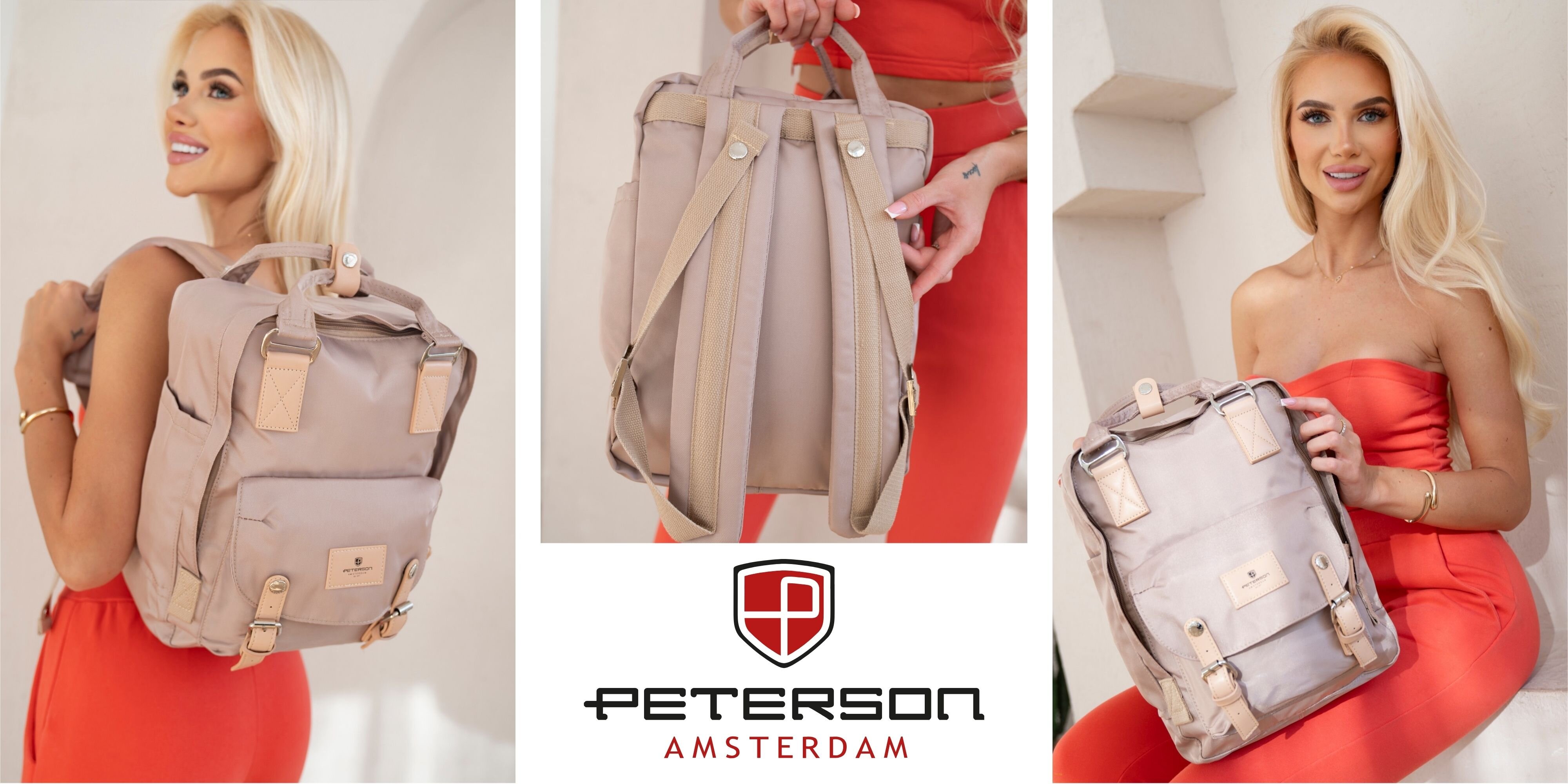 Trzy zdjęcia przedstawiają beżowy plecak z różnymi ujęciami, w tym widokiem z przodu i z tyłu. Na środku znajduje się logo \'PETERSON AMSTERDAM\'.