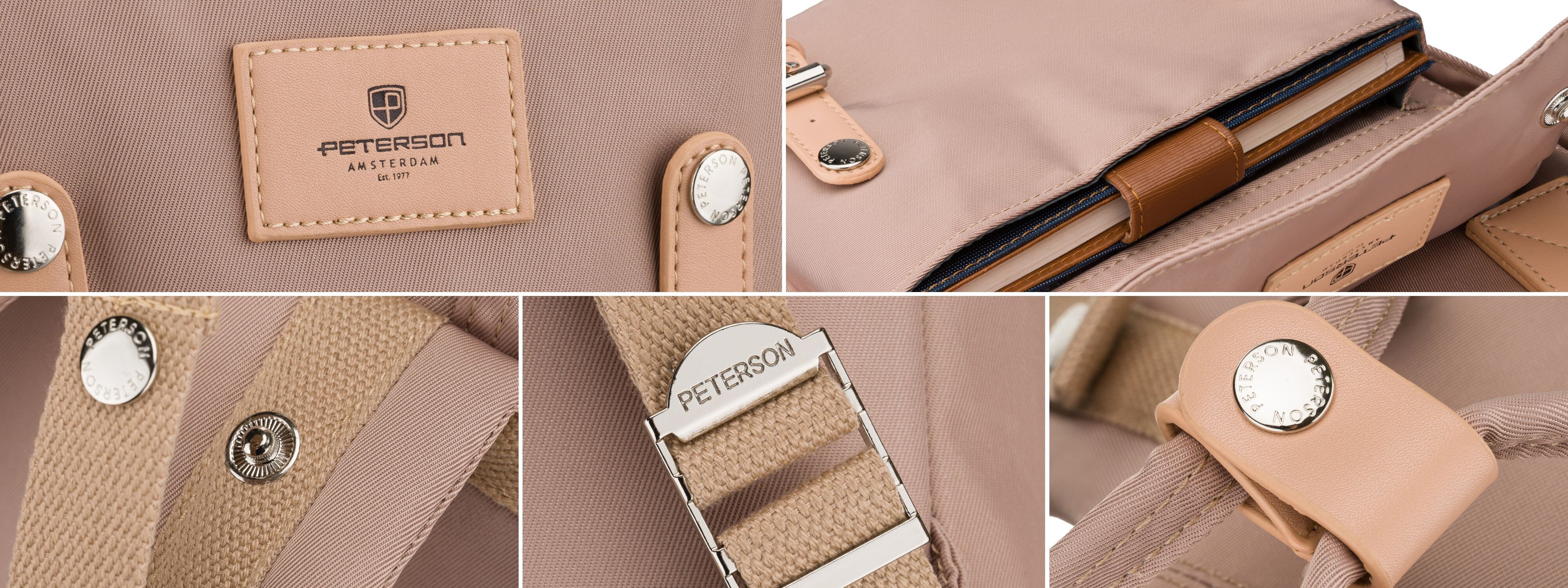 Kolaż zdjęć przedstawia szczegóły beżowego plecaka z metalowymi elementami i logo \'PETERSON AMSTERDAM\'. Widoczne są zapięcia, paski oraz wnętrze z miejscem na laptopa.