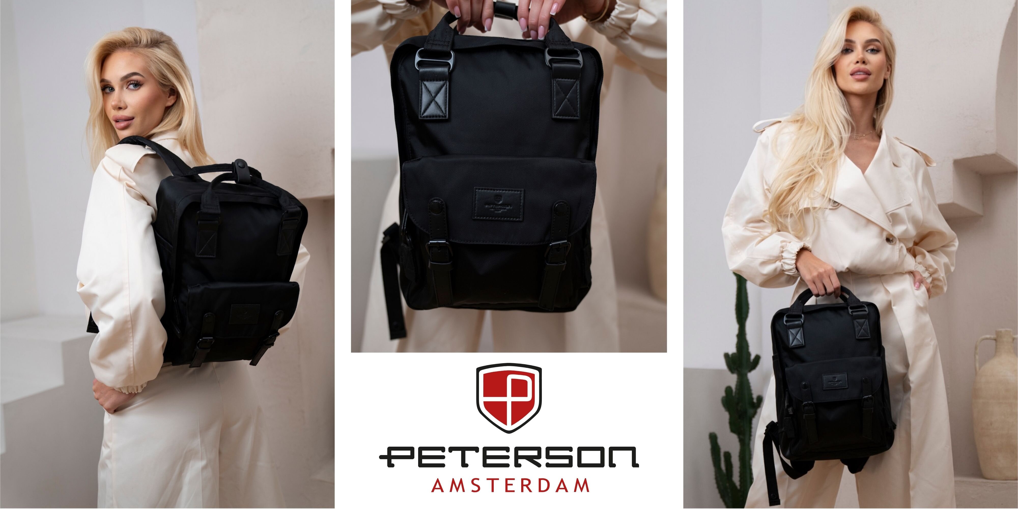 Na zdjęciu widoczny jest czarny plecak z klamrami i kieszeniami, prezentowany przez osobę w jasnym stroju. Na środku znajduje się logo \'PETERSON AMSTERDAM\'.