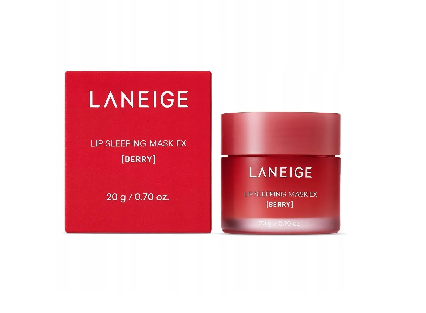 Na obrazie widoczny jest czerwony słoiczek z napisem \'LANEIGE LIP SLEEPING MASK EX [BERRY] 20 g / 0.70 oz.\' oraz czerwone pudełko z tym samym napisem.