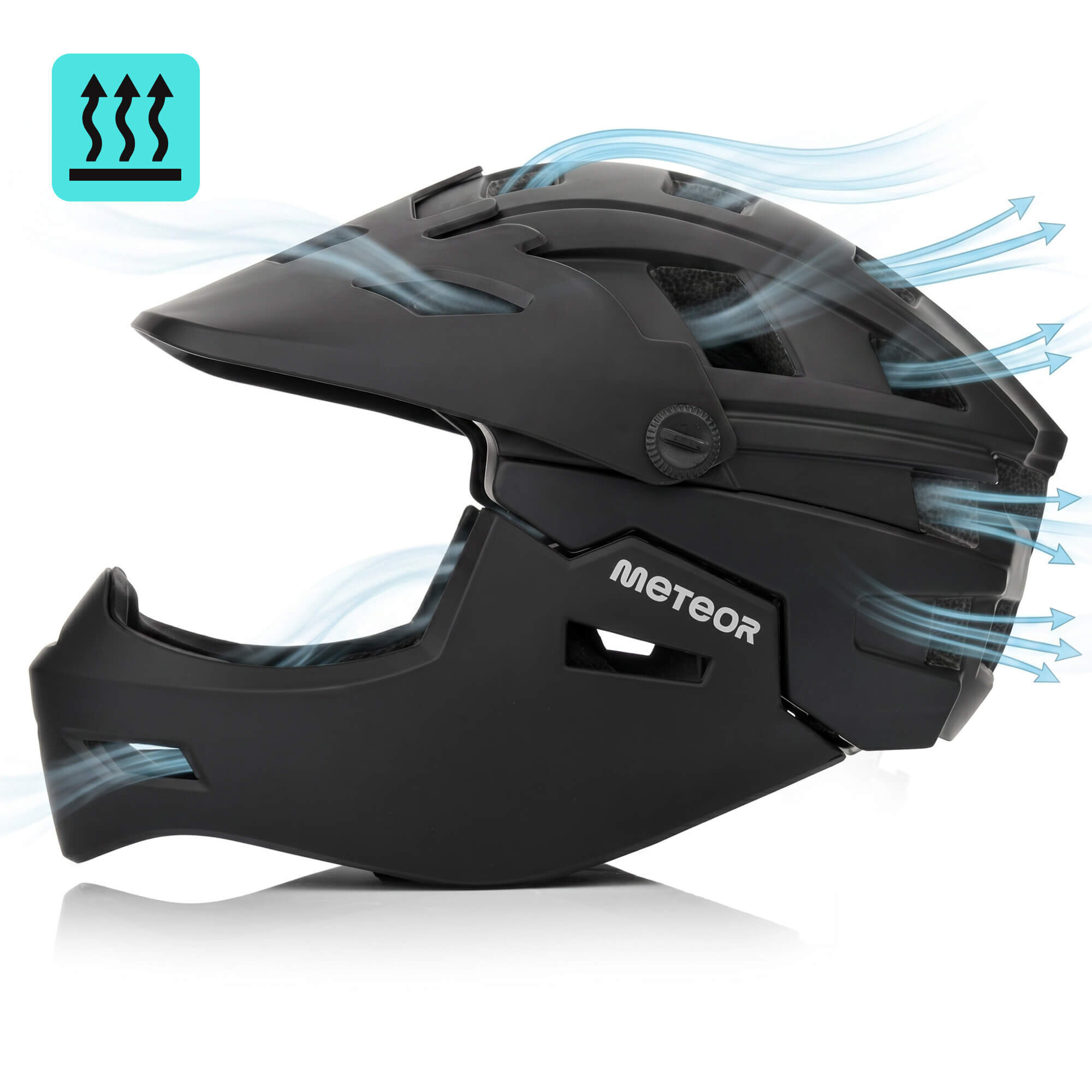 Czarny kask rowerowy full-face z napisem \'METEOR\' i widocznymi strzałkami wskazującymi przepływ powietrza. W lewym górnym rogu znajduje się ikona z trzema strzałkami skierowanymi do góry.