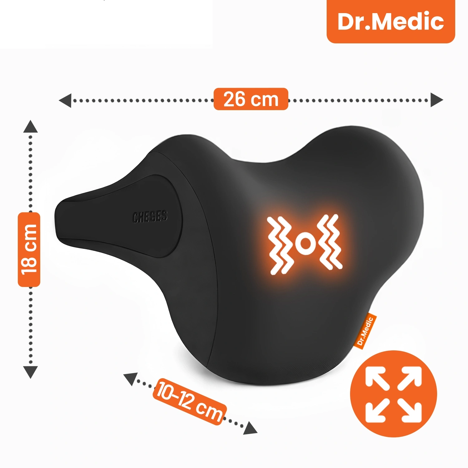 Czarna poduszka masująca z logo \'Dr.Medic\' i oznaczeniami wymiarów: 26 cm, 18 cm, 10-12 cm. Na poduszce widoczny jest symbol wibracji w kolorze pomarańczowym oraz napis \'CHEBES\'.